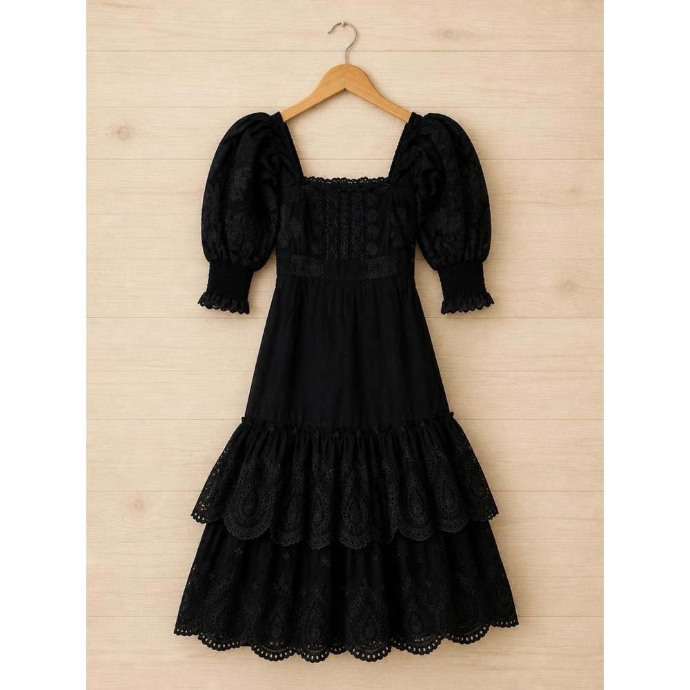 LoveShackFancy Toulon Broderie Anglaise Square Neck Midi Dress Black Size 6